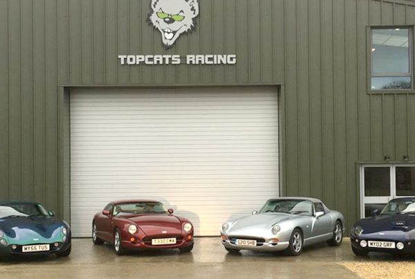 selection of four tvrs parked outside topcats racing workshop